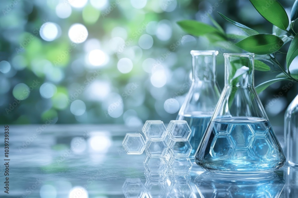 Clear glass lab flasks with blue liquid and hexagonal structure in a bright, natural environment Clear glass lab flasks with blue liquid and hexagonal structure in a bright, natural environment