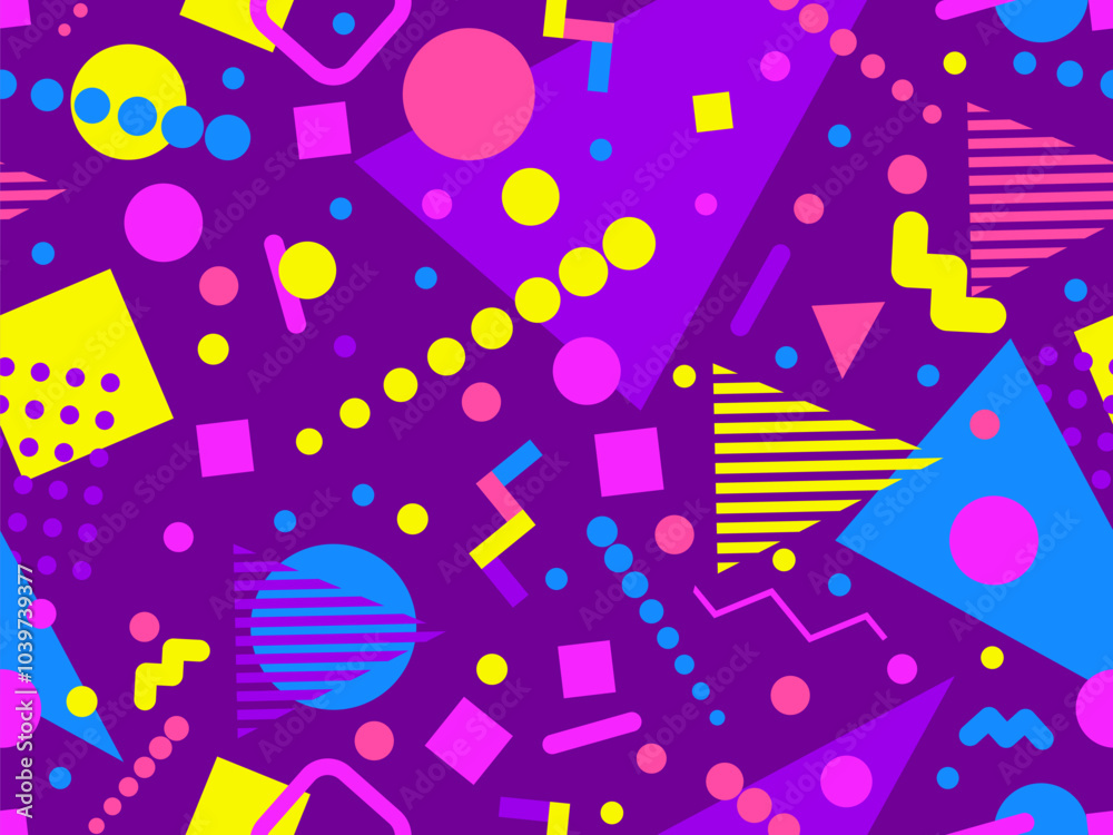 Geometric seamless pattern with memphis elements in 80s style. Colorful geometric pattern. Design of promotional products, wrapping paper and printing. Vector illustration Geometric seamless pattern with memphis elements in 80s style. Colorful geometric pattern. Design of promotional products, wrapping paper and printing. Vector illustration
