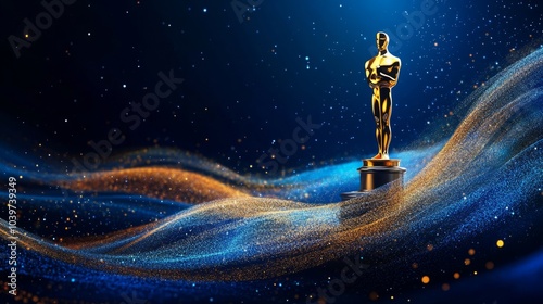 Blue award background with golden lines and abstract shape of the cinema awards statue for sunset light, elegant presentation design background