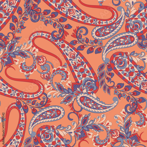 Gorgeous paisley seamless vector pattern with fantastic flowers and leaves. Bohemian textile print inspired by batik. Vintage style