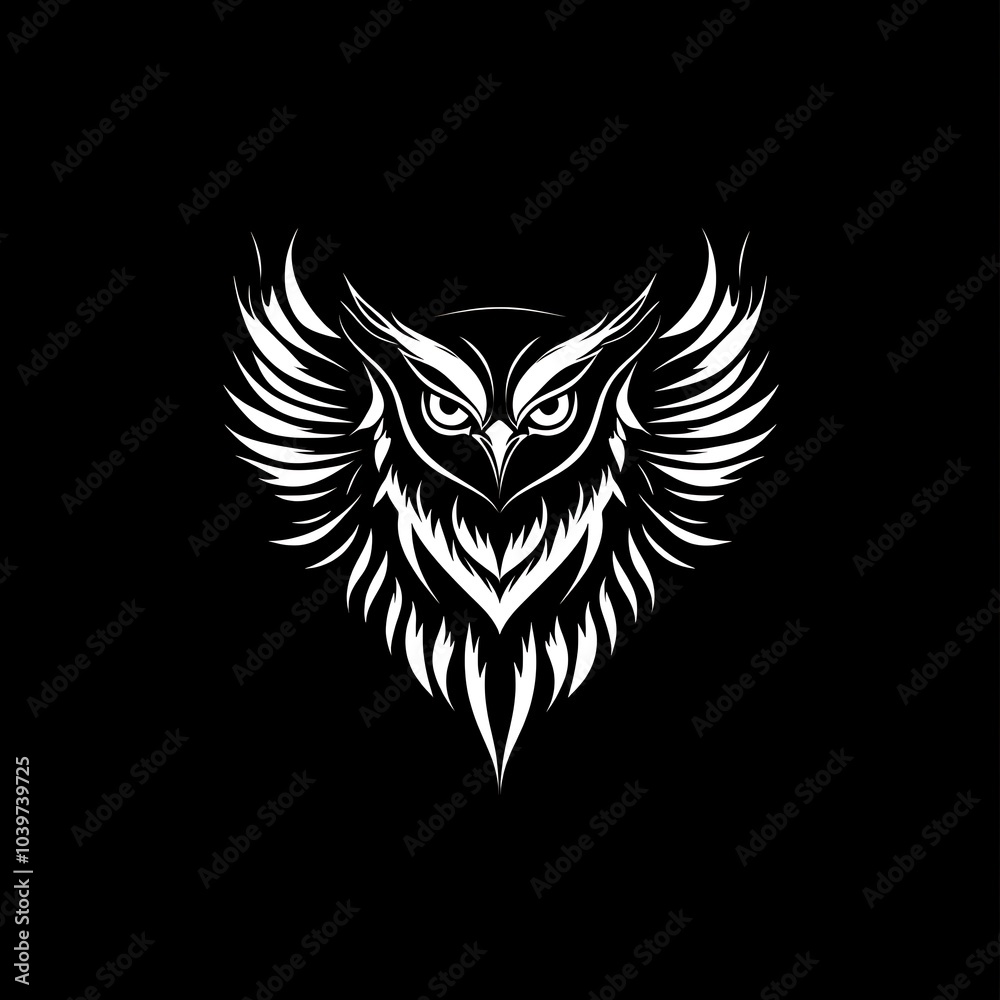 A stylized white owl with spread wings on a black background. A stylized white owl with spread wings on a black background.
