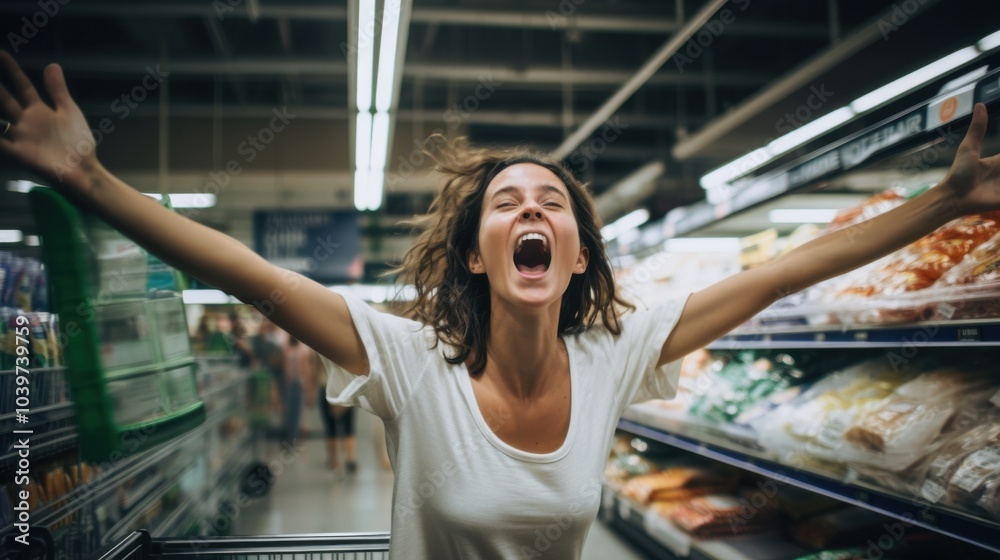 Fototapeta premium A woman in a supermarket aisle screams in frustration, her expression of exasperation vividly capturing the chaos and stress of modern life.