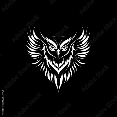 A stylized white owl with spread wings on a black background.