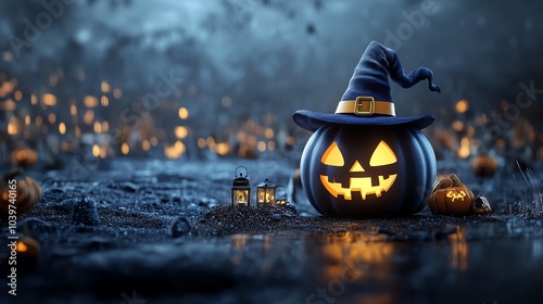 Tiny pumpkinheaded character in a witch hat, holding a glowing lantern, 3D Halloween pumpkin, adorable cartoon photo