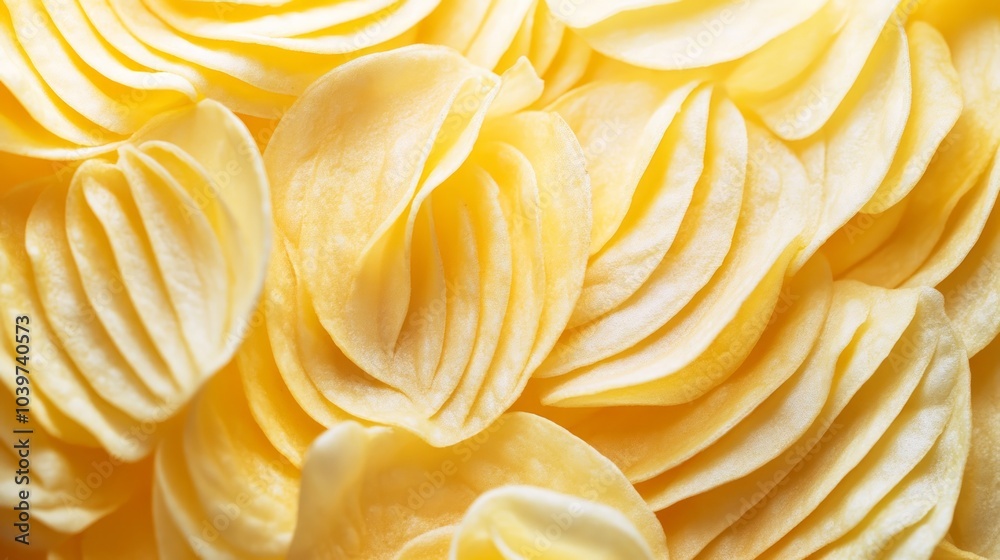 Close-up of a pile of golden potato chips, showing the ruffled texture and light reflecting off the surface. Close-up of a pile of golden potato chips, showing the ruffled texture and light reflecting off the surface.
