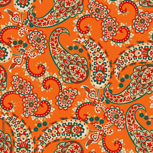 Colorful Paisley wallpaper. Vector Indonesian batik. Bright classic indian fabric. Paisley wallpaper. Ethnic background with paisley and stylized flowers. For textile, cover, wrapping paper, fabric