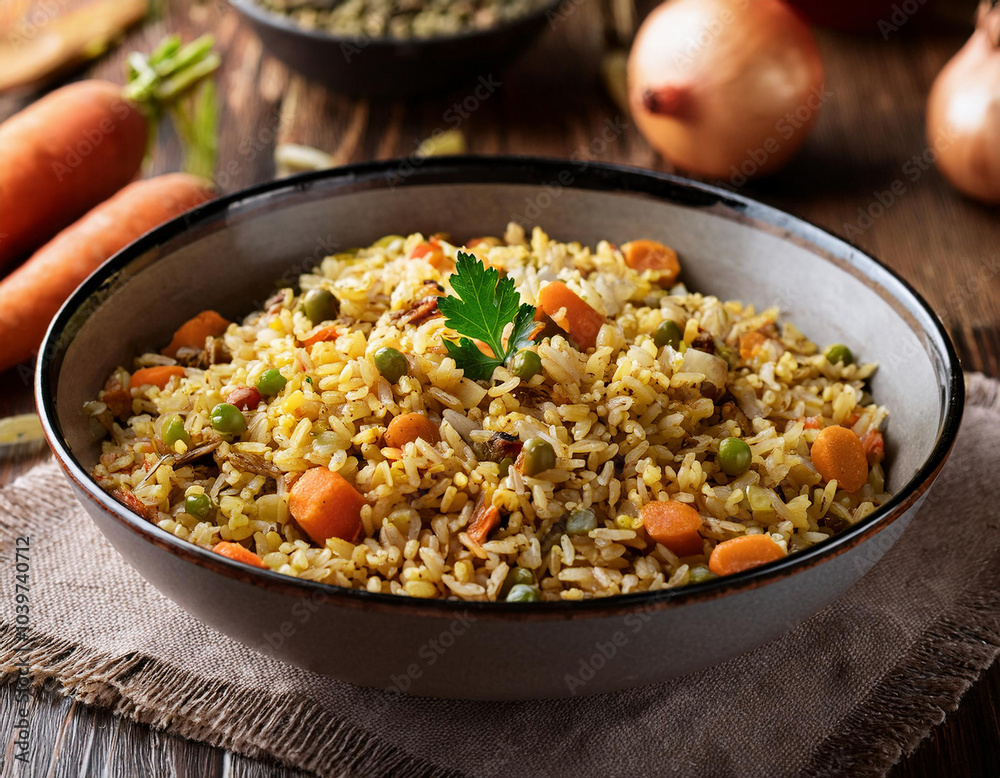 Rice and Mung Bean Pilaf with Carrots and Onions in a big bowl on a rustic table with ingredients Rice and Mung Bean Pilaf with Carrots and Onions in a big bowl on a rustic table with ingredients