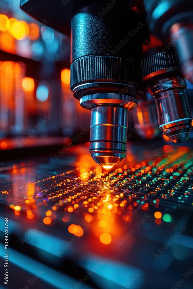 Close-Up of Microscope Lenses Illuminated by Vibrant Lights in a High-Tech Laboratory Setting Close-Up of Microscope Lenses Illuminated by Vibrant Lights in a High-Tech Laboratory Setting