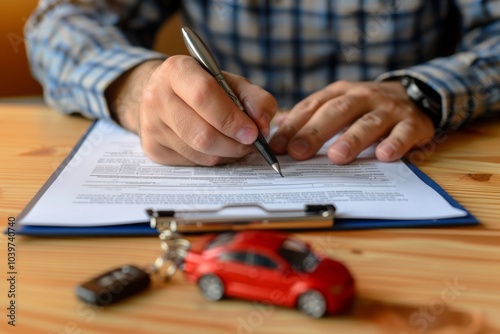 Man signing car insurance document or lease paper. Writing signature on contract or agreement. Buying or selling new or used vehicles. Car keys on table. Warranty or guarantee. Customer or salesman. M photo