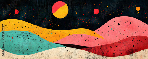 Wallpaper Mural Abstract Landscape with Wavy Hills and a Starry Night Sky in a Colorful Palette Torontodigital.ca