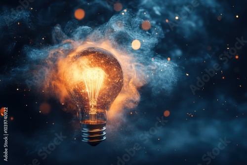 A glowing light bulb surrounded by smoke and sparks in a dark setting at night