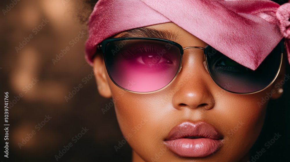A woman wears sunglasses and accessorizes with a pink bow in her hair, along with a pink scarf wrapped around her head A woman wears sunglasses and accessorizes with a pink bow in her hair, along with a pink scarf wrapped around her head