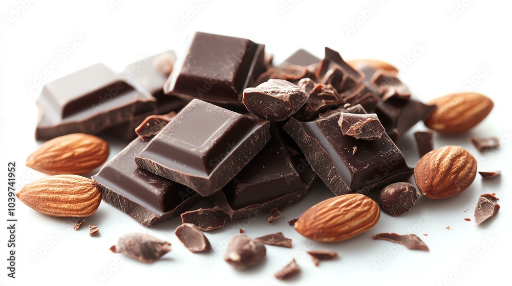 A close-up of dark chocolate squares and almonds scattered on a white background. A close-up of dark chocolate squares and almonds scattered on a white background.