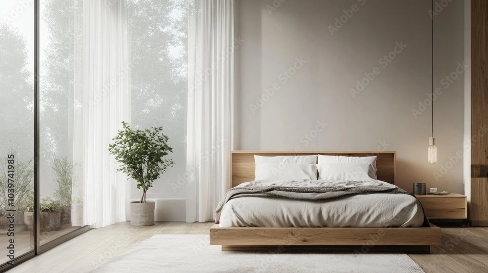 Modern bedroom with a panoramic window, featuring a cozy bed and minimalist nightstand, allowing natural light to fill the room