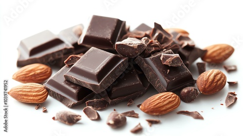 A close-up of dark chocolate squares and almonds scattered on a white background.