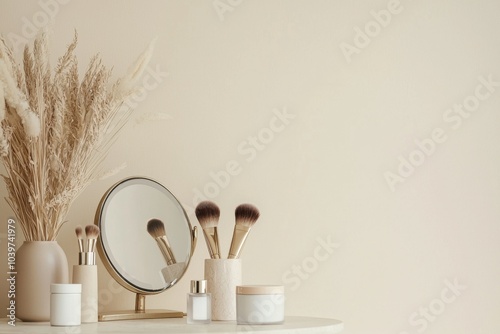 Fototapeta Naklejka Na Ścianę i Meble -  A minimalist beauty station featuring a stylish mirror, skincare products, and makeup brushes, set against a soft, neutral background. Ample blank space for promotional text. Clean and modern