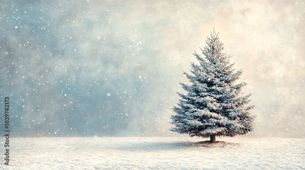 Fototapeta premium A lone evergreen tree stands in a snowy field, covered in fresh snow. The sky is filled with falling snowflakes.