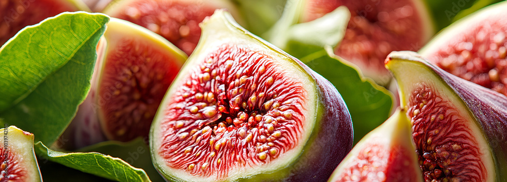 Close-up real whole figs fruit with leaves and open figs fruit. Suitable for marketing or business purposes Close-up real whole figs fruit with leaves and open figs fruit. Suitable for marketing or business purposes