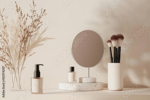 Fototapeta Naklejka Na Ścianę i Meble -  A minimalist beauty station featuring a stylish mirror, skincare products, and makeup brushes, set against a soft, neutral background. Ample blank space for promotional text. Clean and modern