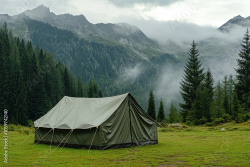 Military Tent. Army Camp Placement in Green and Grey Tones in Mountain Area photo