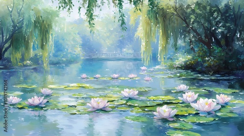 Water Lily Pond with Bridge and Willow Trees Painting