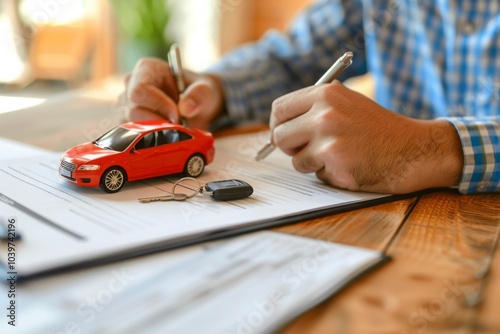 Man signing car insurance document or lease paper. Writing signature on contract or agreement. Buying or selling new or used vehicles. Car keys on table. Warranty or guarantee. Customer or salesman. M photo