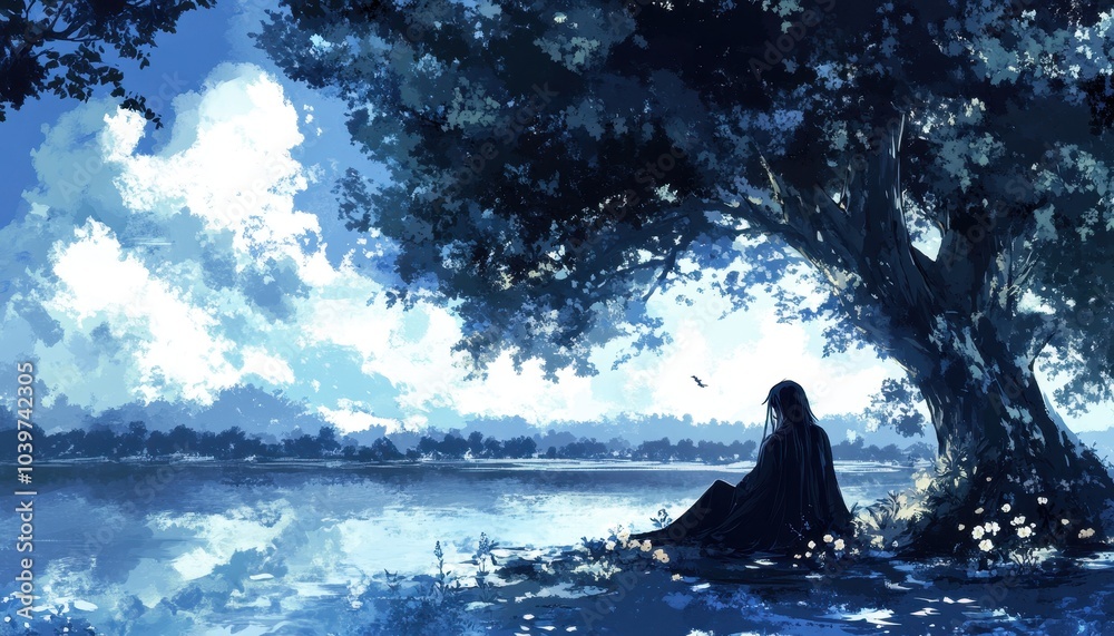 Digital anime style art painting of a man sitting with flowers in front of a beautiful lake 