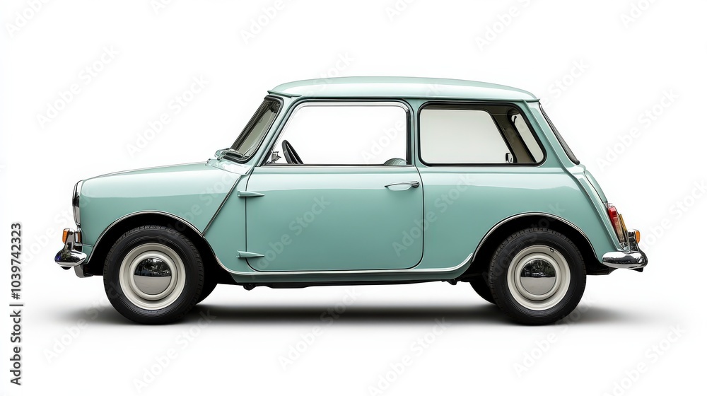 Mini Car. Classic British Old Auto Isolated on White Background Mini Car. Classic British Old Auto Isolated on White Background