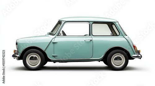 Mini Car. Classic British Old Auto Isolated on White Background