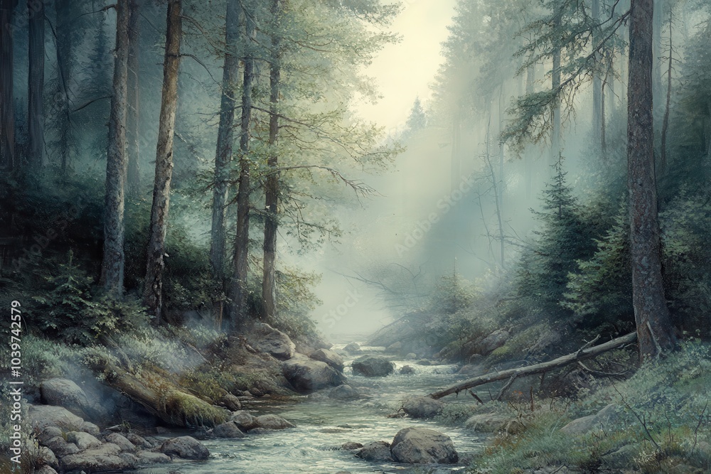 Obraz premium A Serene Stream Flowing Through a Misty Forest