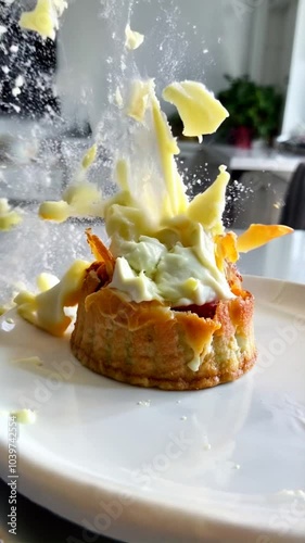 Explosion de chocolat blanc sur un gâteau gourmet

 photo