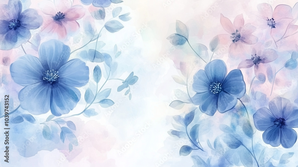 Obraz premium Soft watercolor floral background in pastel blue and pink hues