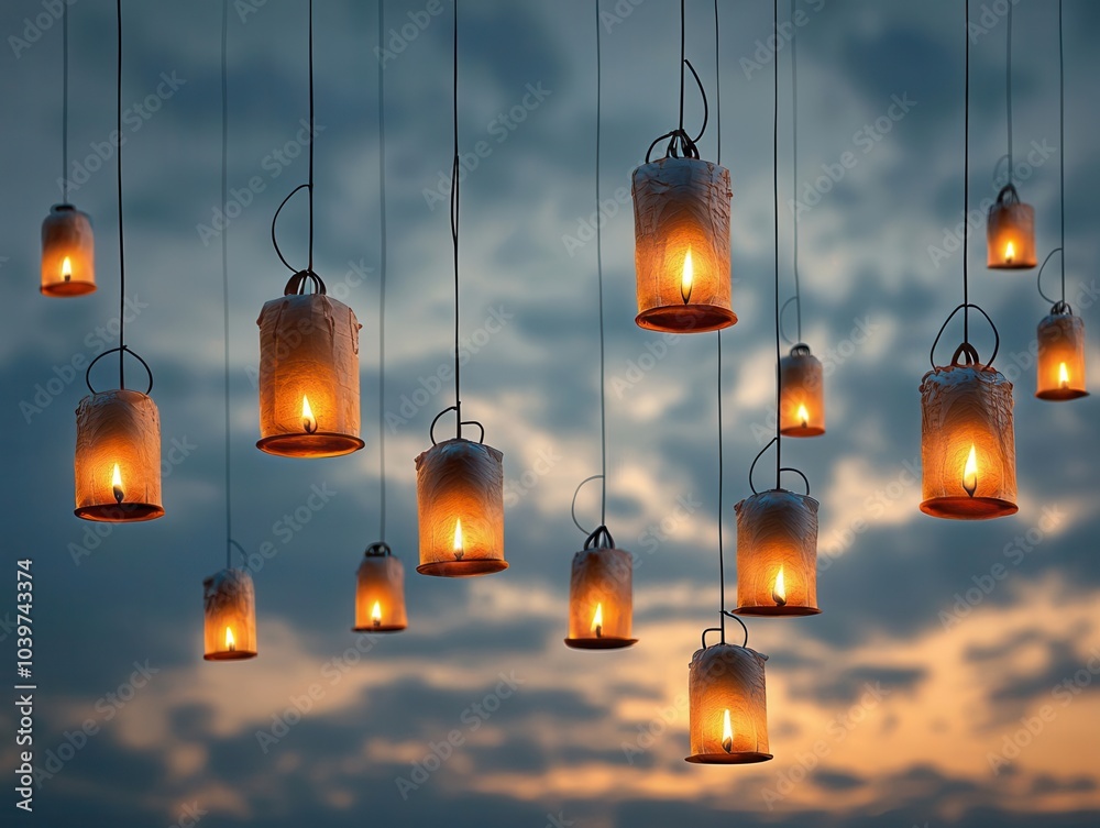 Hanging lanterns illuminating the evening sky with a warm, inviting glow. Hanging lanterns illuminating the evening sky with a warm, inviting glow.