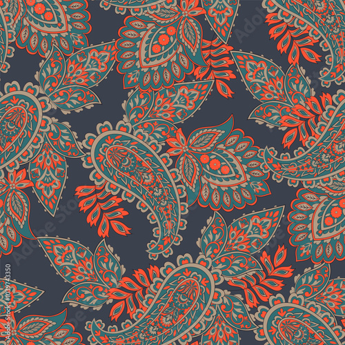 Seamless pattern based on traditional Asian elements Paisley. Traditional colorful seamless paisley vector pattern. Pattern for textile design or fabrics. Fashionable delicate design