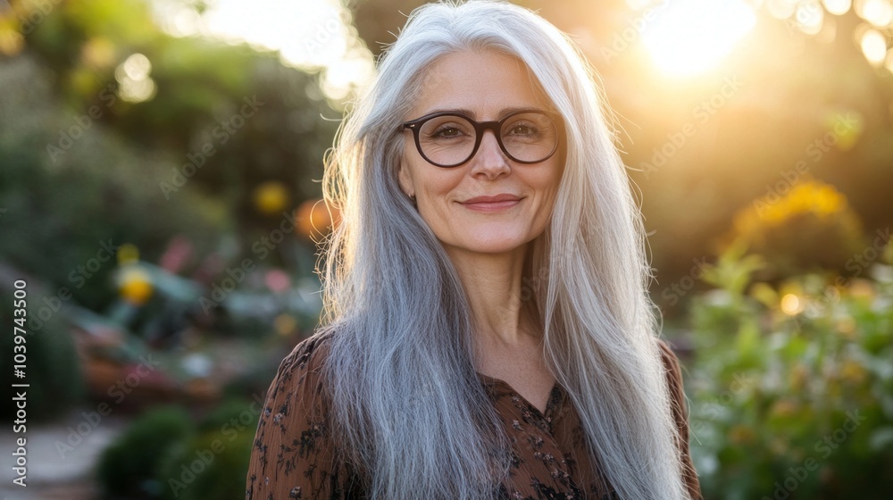 A woman with long gray hair and glasses is smiling for the camera A woman with long gray hair and glasses is smiling for the camera