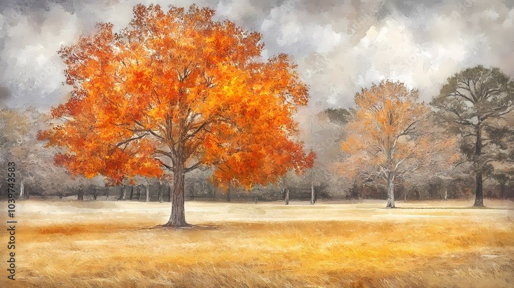 Fototapeta premium Autumn Landscape with Golden Tree and Cloudy Sky