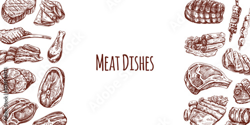 Meat  menu template in engraved vintage style. Hand-drawn sketches of barbecue meat pieces with herbs and seasonings. Background for meat restaurant.