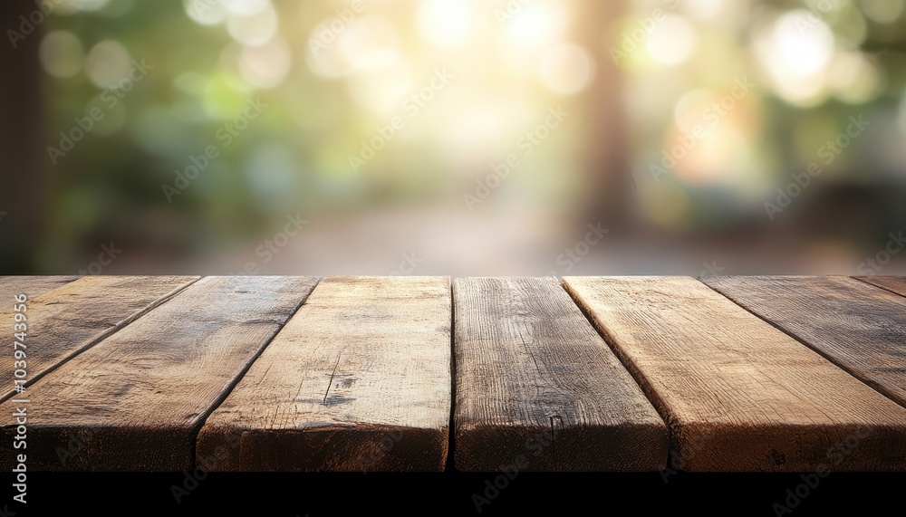 An inviting, empty wooden table under the summer sky, with the soft blur of a garden in the background setting a serene tone An inviting, empty wooden table under the summer sky, with the soft blur of a garden in the background setting a serene tone