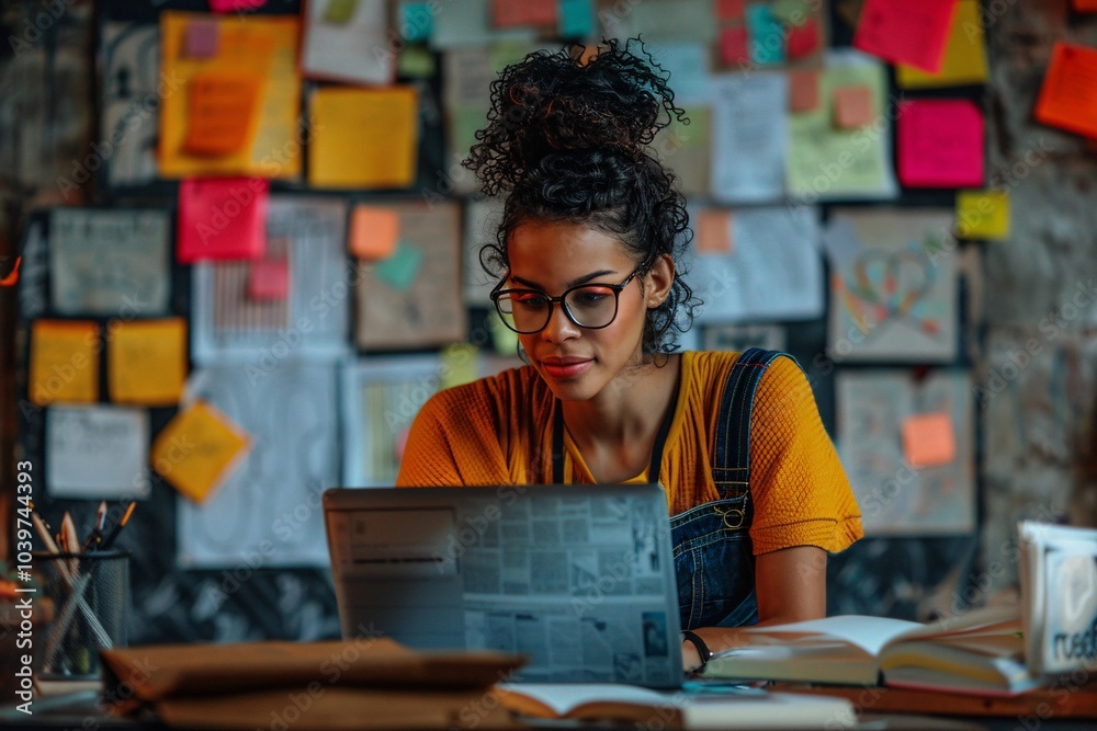 A young woman focuses on her computer in a warm, inviting study area adorned with vibrant sticky notes and drawings. Books are scattered on the desk, emphasizing her dedication to learning