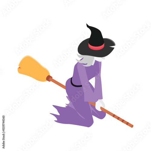 Witch flying on a broomstick, halloween isometric icon