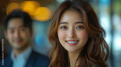 A smiling woman with wavy hair and radiant skin. She stands in focus while a blurred man in the background adds depth to the image