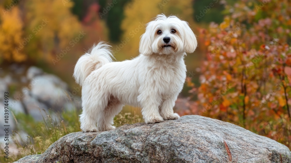 Fluffy white dog standing on rock with fall foliage background Fluffy white dog standing on rock with fall foliage background