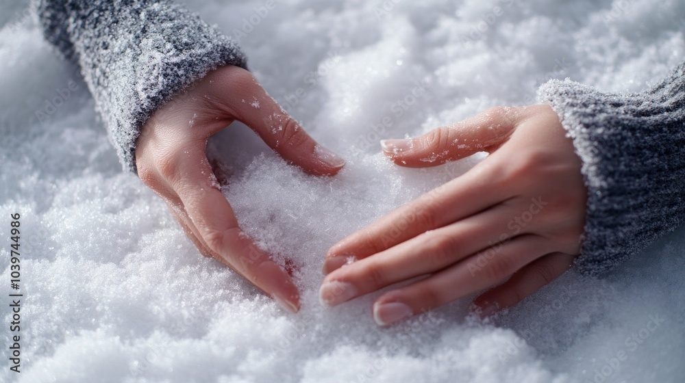 photograph of Close-up of hands playing with freshly fallen snow, engaging in winter photograph of Close-up of hands playing with freshly fallen snow, engaging in winter