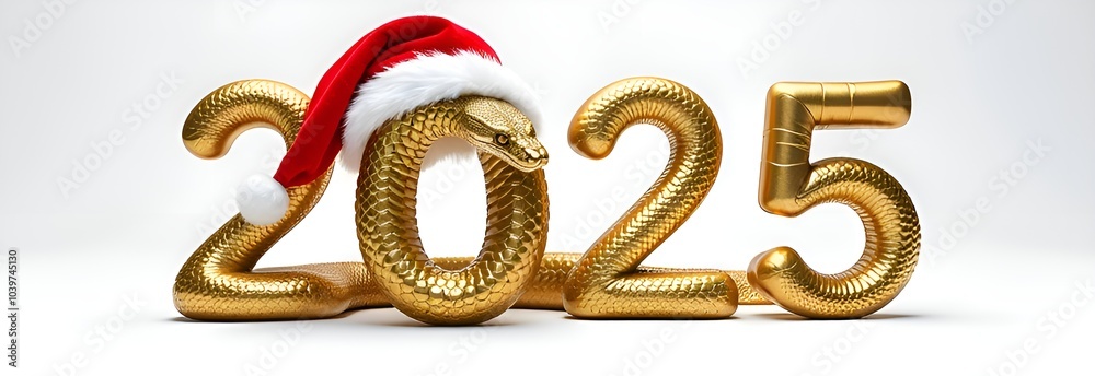 Golden numbers 2025 and a snake in a Santa Claus hat on a white background, symbolizing the coming year with a festive twist.