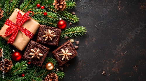 A minimalist branding image for Holiday Treat Dessert, featuring unique chocolate brownies, exuding happiness in Christmas, Holiday and New Year theme