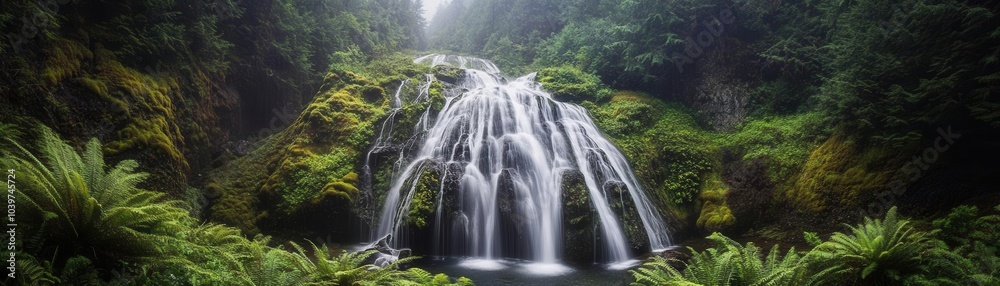 Nature image of a cascading waterfall surrounded by lush green moss and ferns, nestled deep within a mountainous forest Nature image of a cascading waterfall surrounded by lush green moss and ferns, nestled deep within a mountainous forest