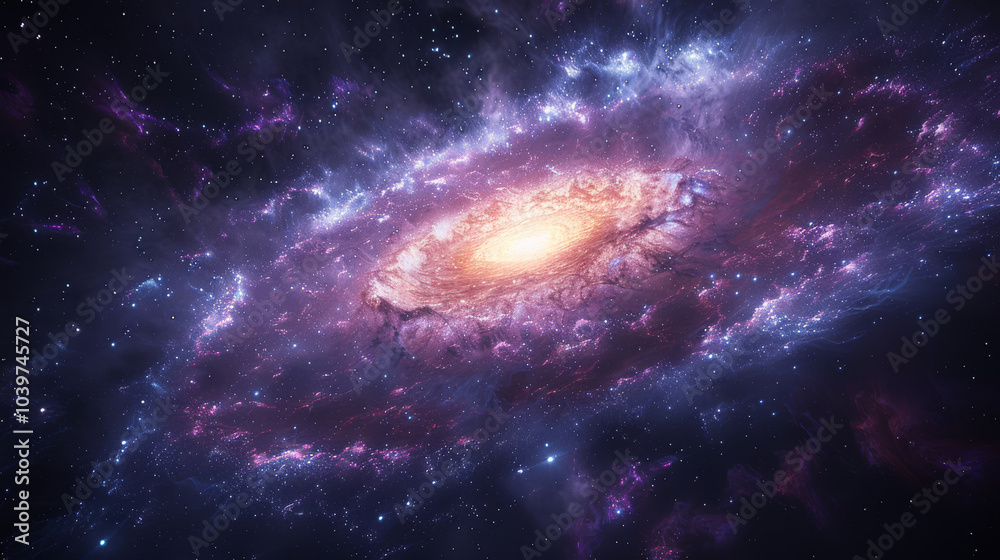 Obraz premium Majestic spiral galaxy with glowing center surrounded by vibrant nebula clouds and distant stars, showcasing a stunning cosmic scene in deep space with violet and blue hues.