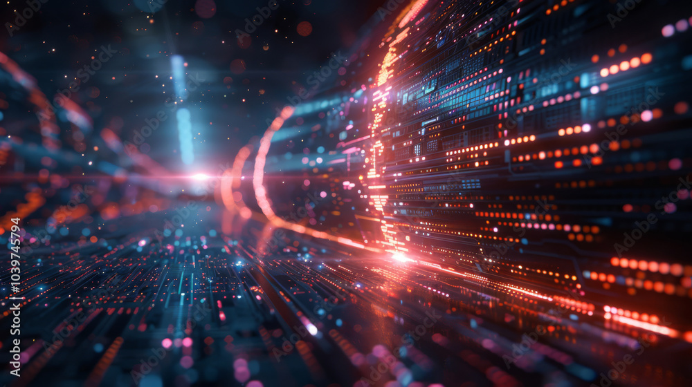 Neon glowing abstract data flow in a futuristic digital tunnel with interconnected lines, dots, and circuits, showcasing a dynamic tech landscape with a cyberspace theme. Neon glowing abstract data flow in a futuristic digital tunnel with interconnected lines, dots, and circuits, showcasing a dynamic tech landscape with a cyberspace theme.