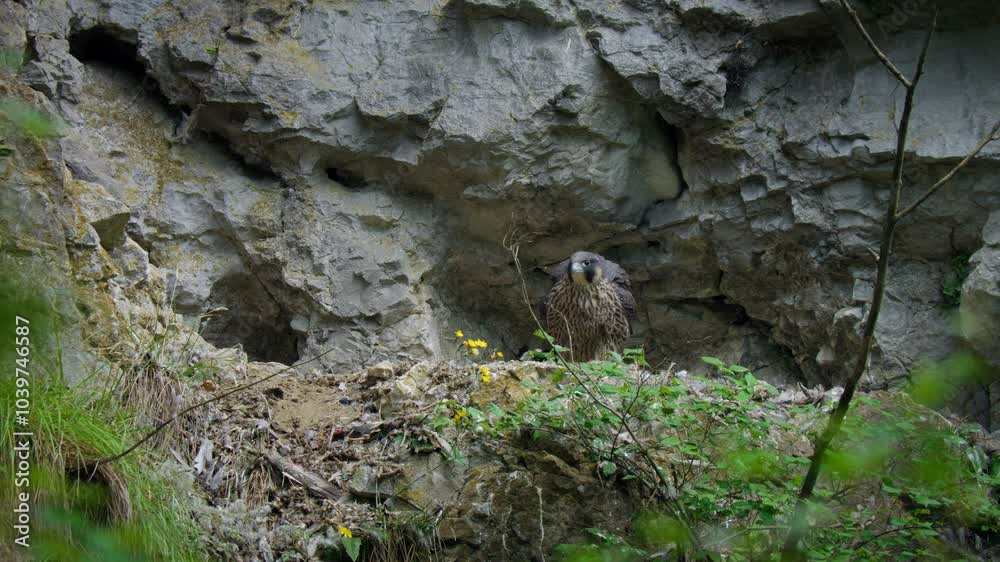 Peregrine falcon (Falco peregrinus) baby, young bird stretching wings in nest Peregrine falcon (Falco peregrinus) baby, young bird stretching wings in nest
