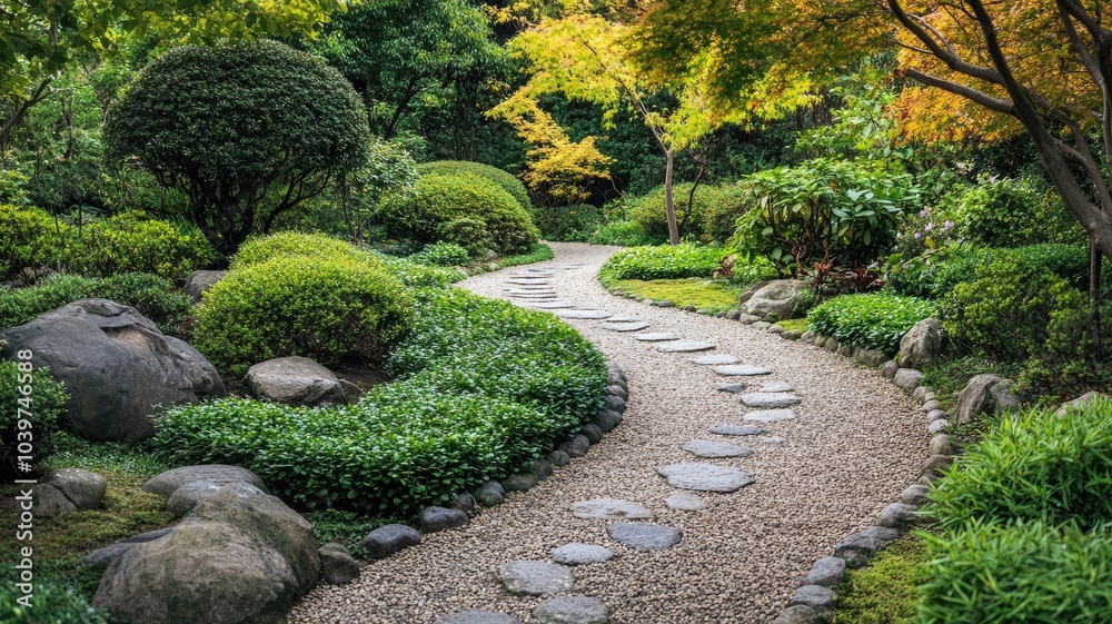 Serene garden pathway with stone steps surrounded by lush greenery and colorful trees Serene garden pathway with stone steps surrounded by lush greenery and colorful trees